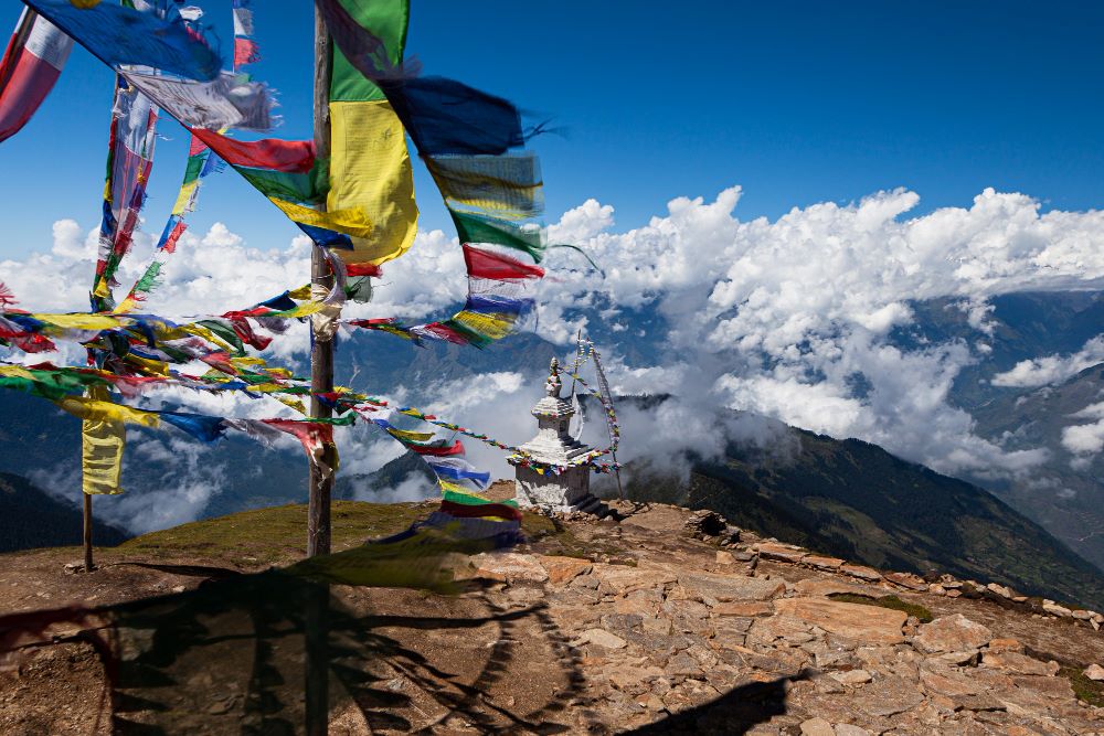 Rainbow buddist flags in the mountains