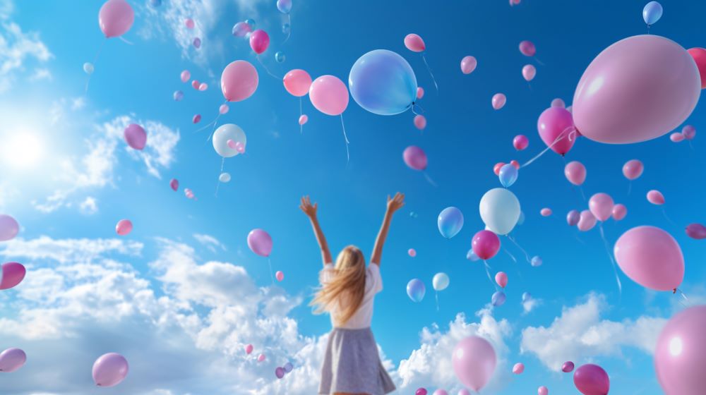 A girl rejoices in the balloons in the sky