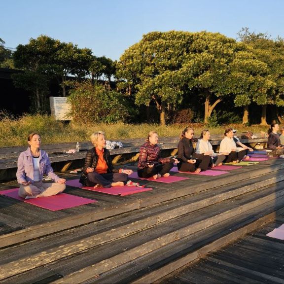 The group meditates in nature