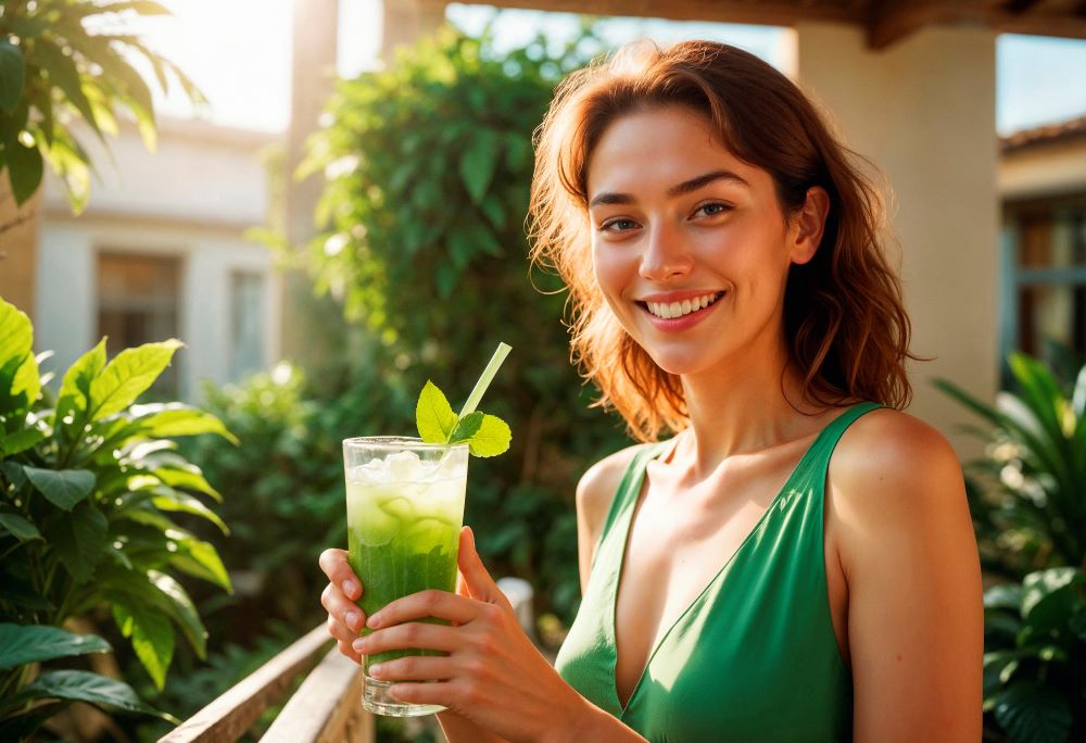 Улыбающаяся девушка держит стакан зеленого сока