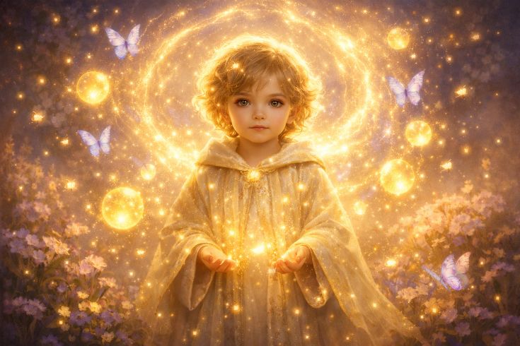 Эфирный волшебный ребенок со светящейся аурой в зачарованном саду