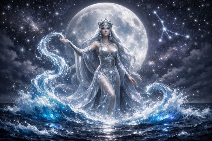 Величественная богиня Луны, восходящая из мистических вод океана