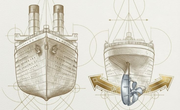Technical schematic illustration of RMS Titanic ocean liner with propulsion system