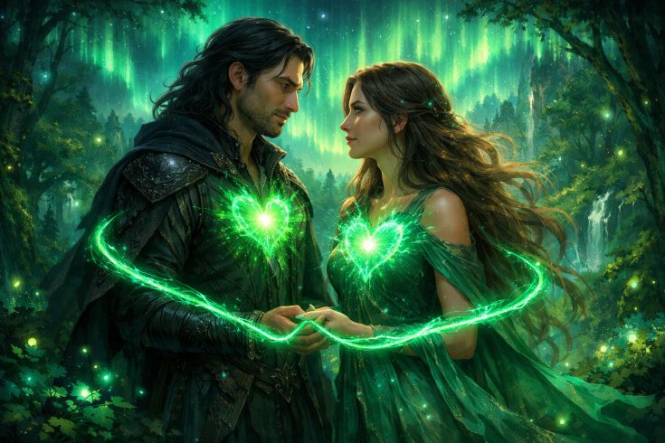 Две души, соединенные изумрудно-зеленой энергией любви