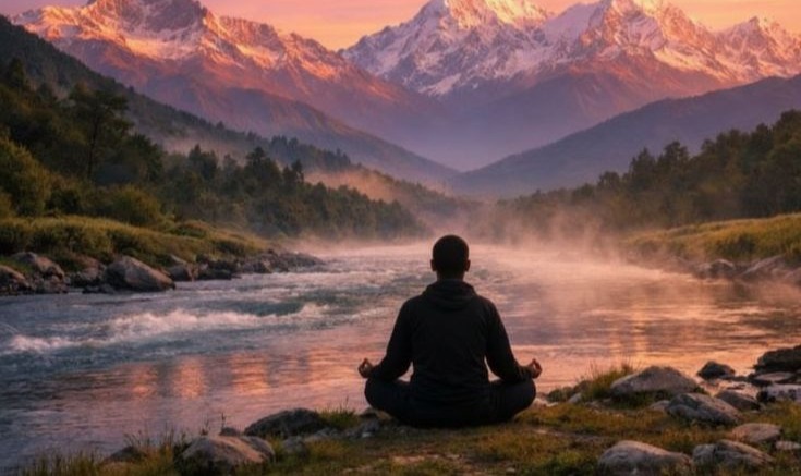 Медитирующий человек на берегу горной реки