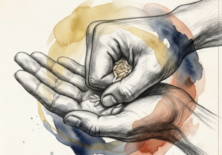 Две руки с священными зёрнами в карандашно-акварельном стиле