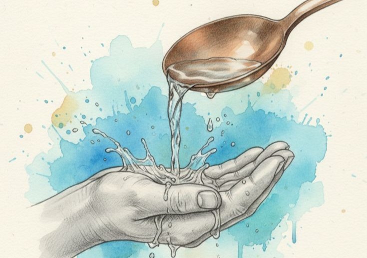 Медная ложка льёт воду в ладонь — карандаш и акварель
