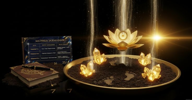 Ритуальная сцена — кристаллы в почве, восход, лотос, блокнот