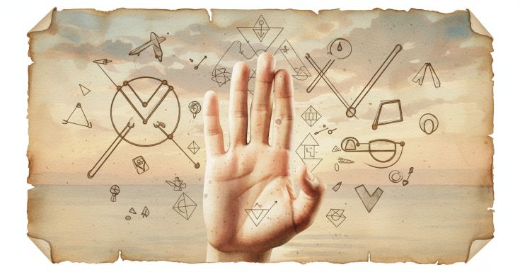 Рука с символами мудр — акварель на пергаменте