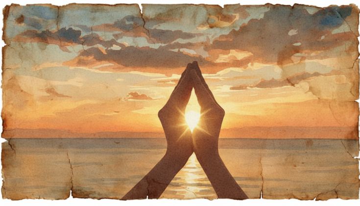 Руки на фоне заката над морем в акварельном стиле