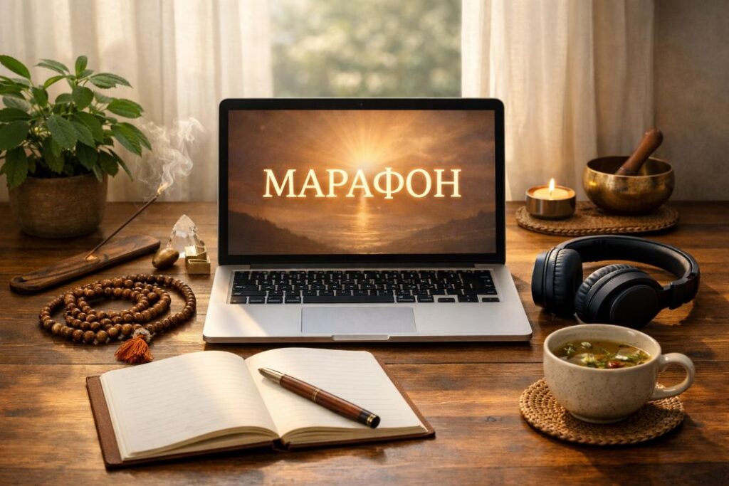 Уютное рабочее место с ноутбуком, чётками, благовониями и блокнотом