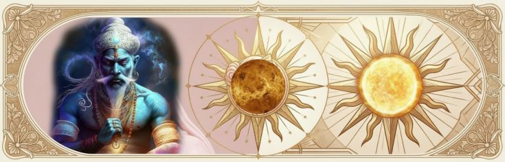 Изображение божественной мифологической фигуры с двумя символами солнца