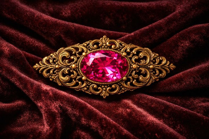 Винтажная золотая брошь с розовым драгоценным камнем